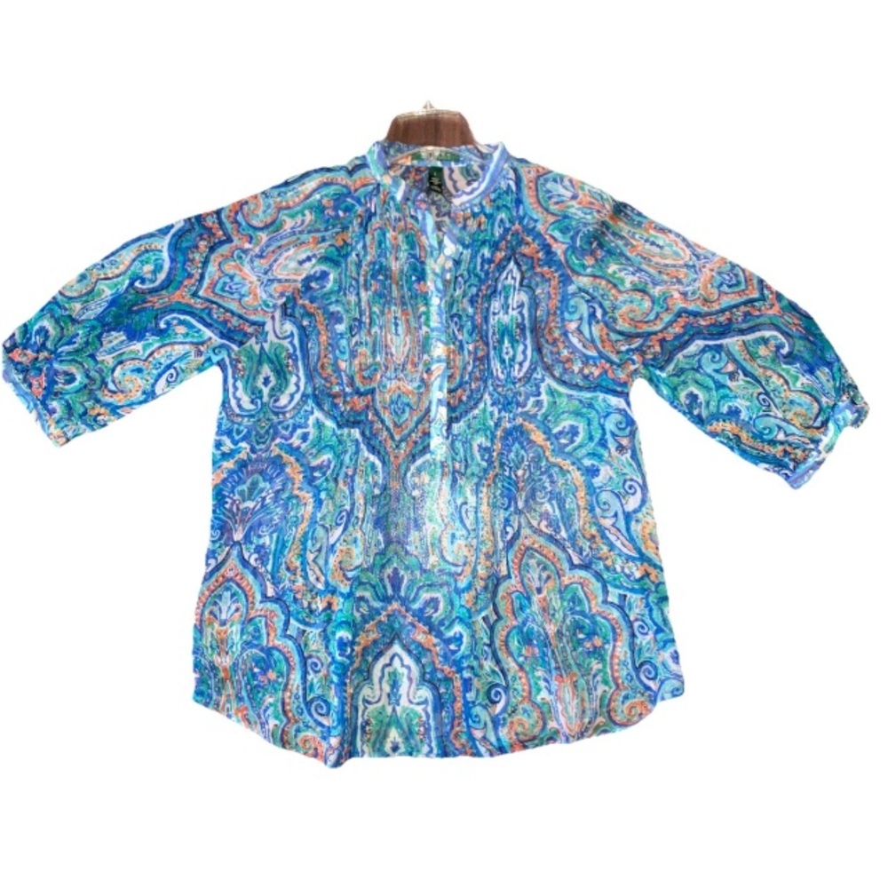 Ralph Lauren Women’s Blue Paisley Half Sleeve Pleated Chiffon Poets Blouse Large - Picture 2 of 10